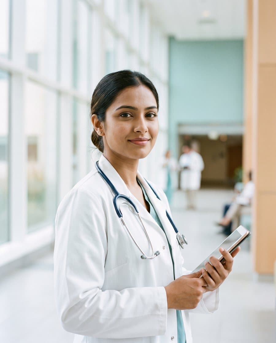 A doctor in a white coat in a hospital corridor