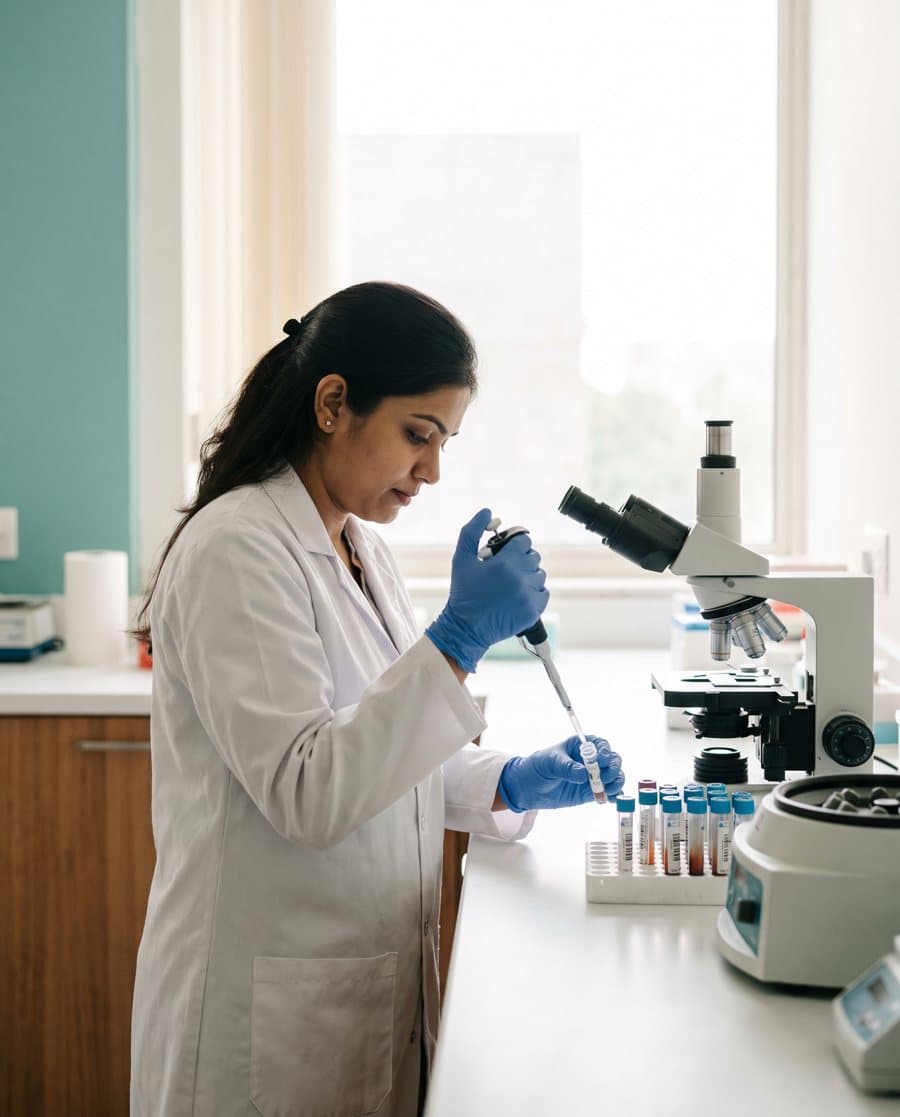 A laboratory technologist pipetting samples in a clinical laboratory